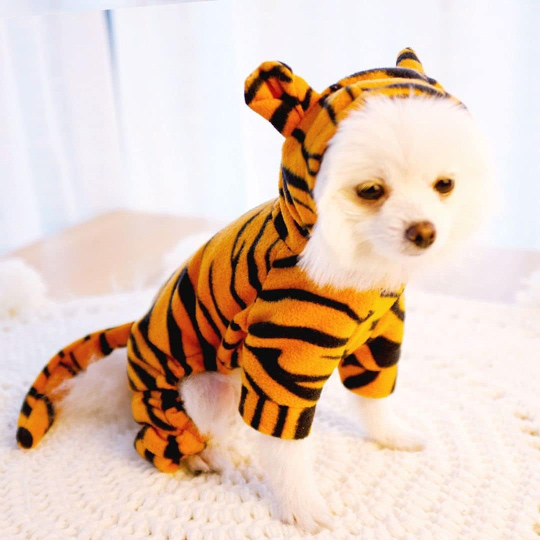 Chezabby Funny Tiger Dog Cat Costumes Pet Halloween Christmas Cosplay Clothes Adorable Flannel Kitten Outfits Clothes Soft Velet Puppy Apparel Fleece Doggie Sweater Warm Cat Coat