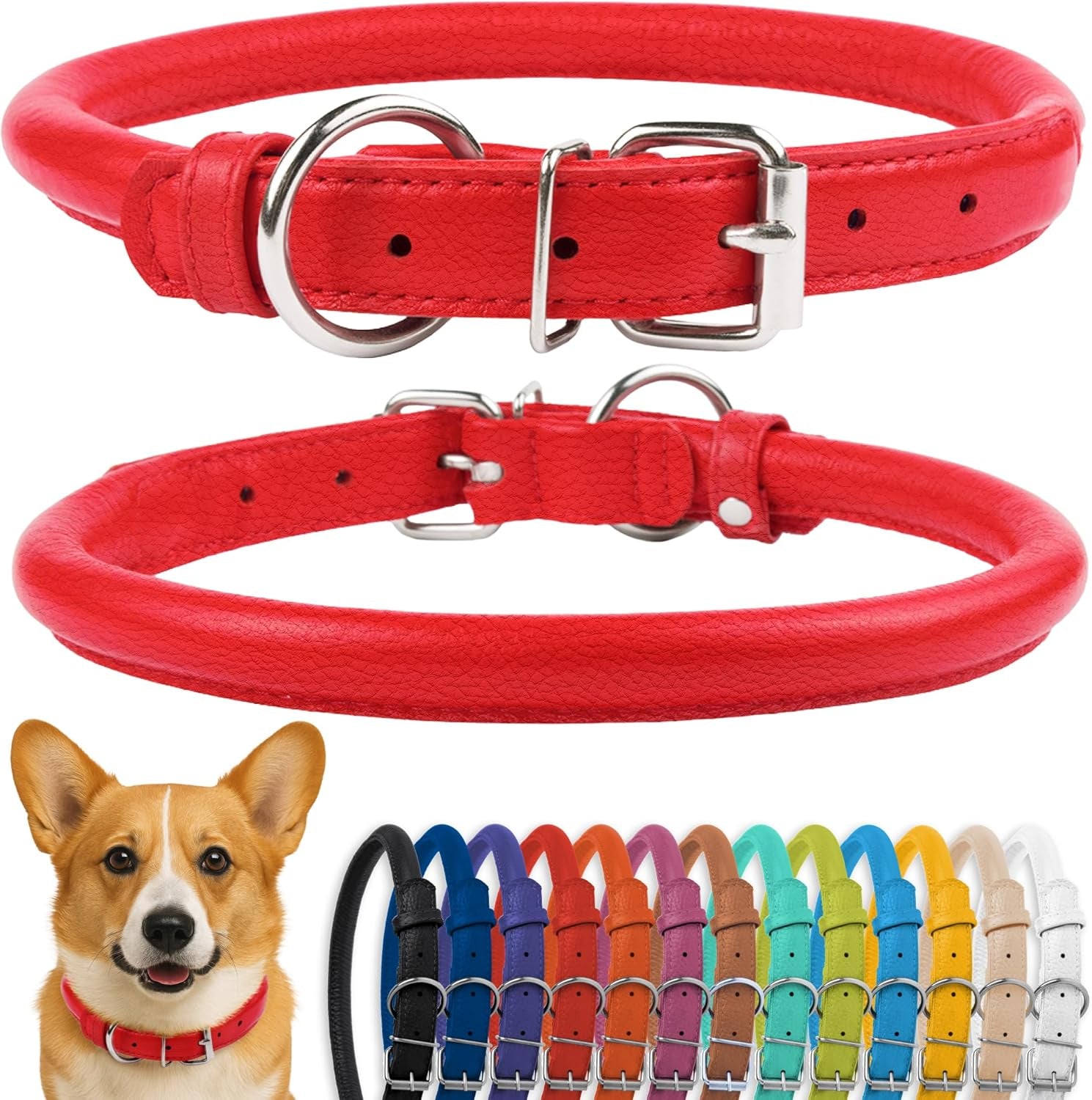 Rolled Leather Dog Collar, Soft Padded round Puppy Collar, Handmade Genuine Leather Collar Dog Small Large Cat Collars 13 Colors (11-14 Inch, Red Textured)
