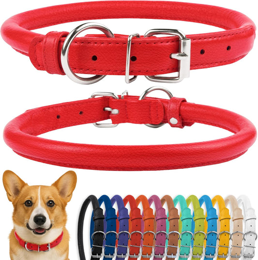 Rolled Leather Dog Collar, Soft Padded round Puppy Collar, Handmade Genuine Leather Collar Dog Small Large Cat Collars 13 Colors (11-14 Inch, Red Textured)