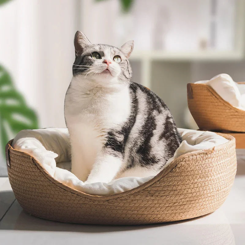 Pet Bedkennel Cat Mat Dog Beds Sofa Bamboo Weaving Four Season Cozy Nest Baskets Waterproof Removable Cushion Sleeping Bag