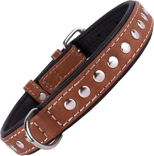 Studded Dog Collar Leather Pet Collars for Dogs Small Medium Large Puppy Soft Padded Brown Black (Brown, Neck Fit 11" - 13")