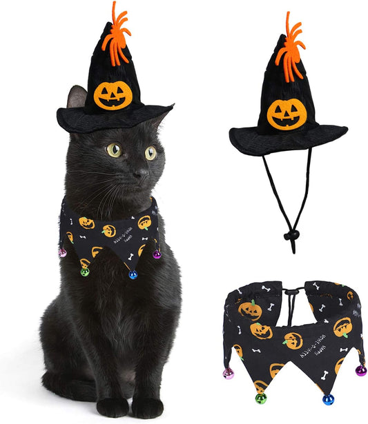 Cat Halloween Costume Halloween Cat Collar with Bells and Halloweens Pumpkin Hat Cats Costume Suit for Cats and Small Dogs