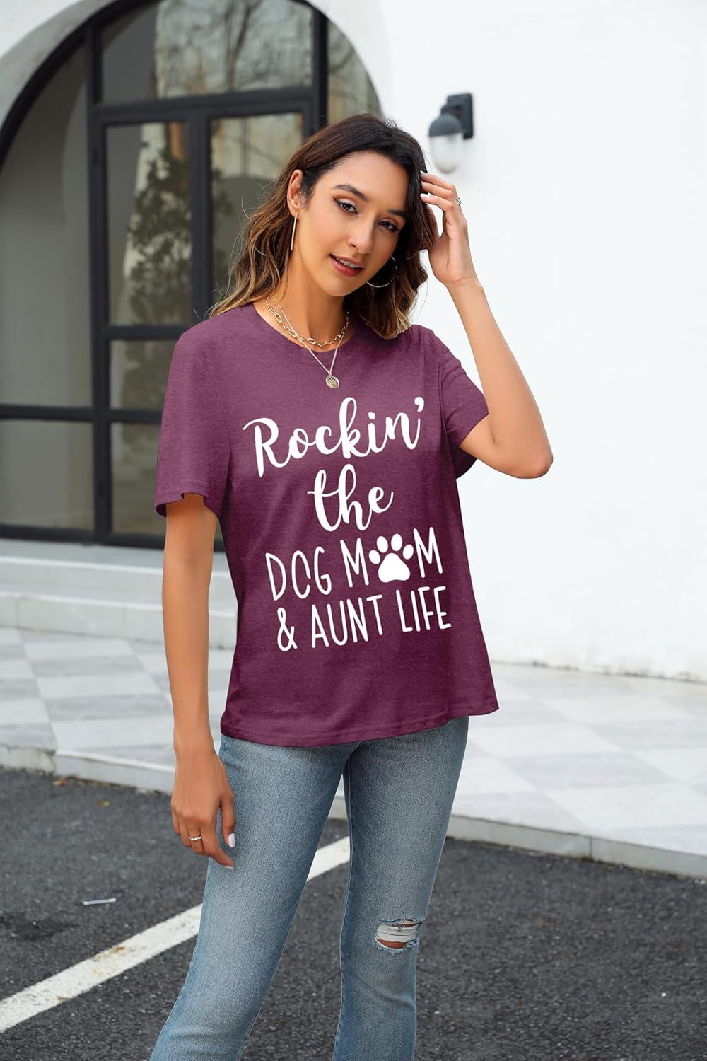 Dog Mom Shirt Women Funny Dog Paw Graphic Shirt Rockin' the Dogs Mom Aunt Life Tshirt Dogs Lover Short Sleeve Tops