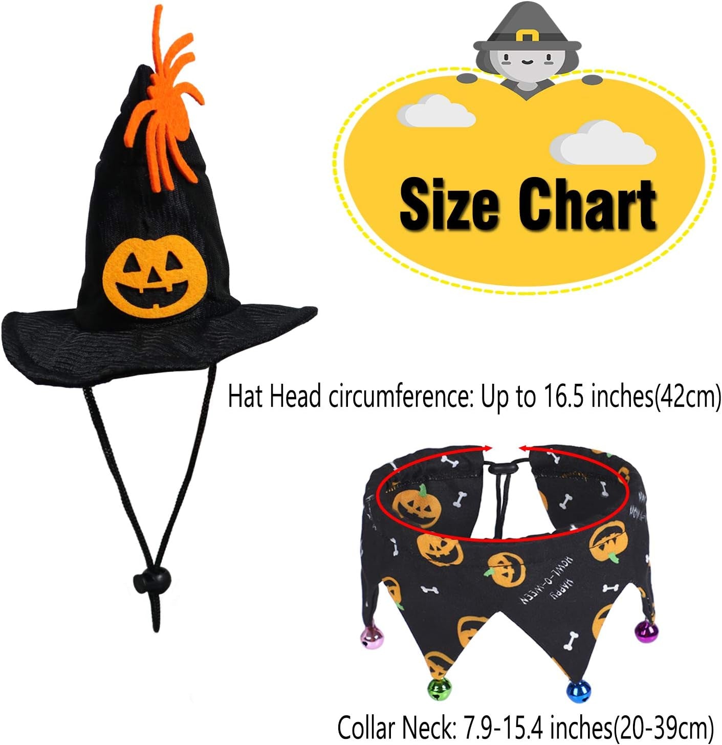 Cat Halloween Costume Halloween Cat Collar with Bells and Halloweens Pumpkin Hat Cats Costume Suit for Cats and Small Dogs