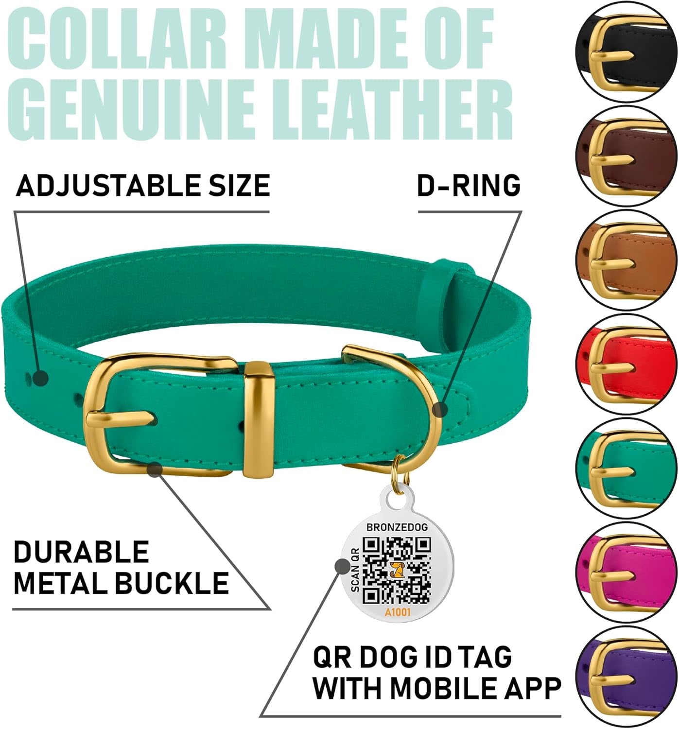 Leather Dog Collar with Metal Buckle Durable Basic Pet Collars for Small Medium Large Dogs (14-17 Inch (Pack of 1), Green & Gold Buckle)