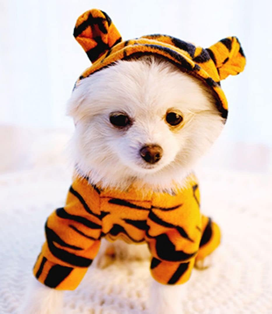 Chezabby Funny Tiger Dog Cat Costumes Pet Halloween Christmas Cosplay Clothes Adorable Flannel Kitten Outfits Clothes Soft Velet Puppy Apparel Fleece Doggie Sweater Warm Cat Coat