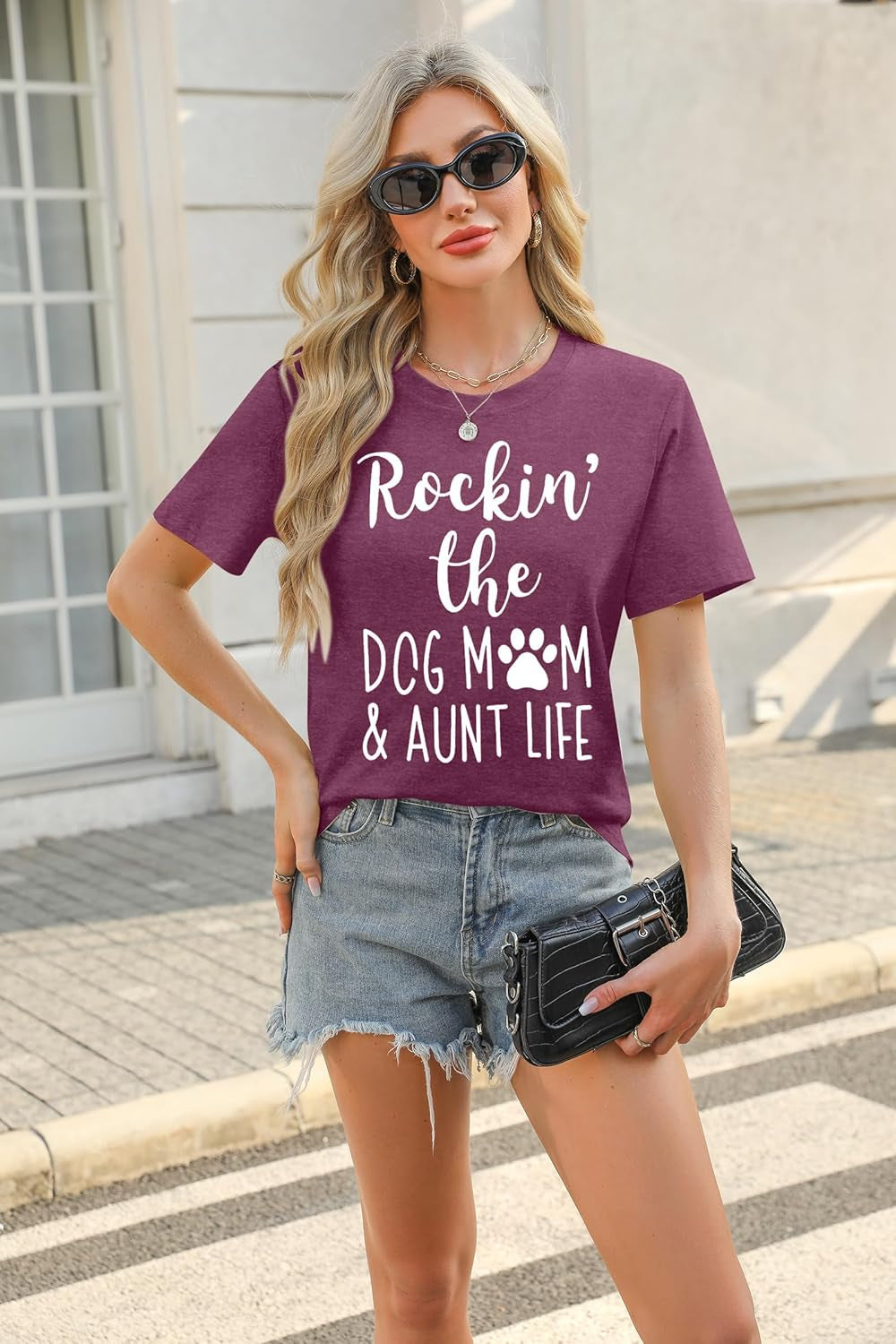 Dog Mom Shirt Women Funny Dog Paw Graphic Shirt Rockin' the Dogs Mom Aunt Life Tshirt Dogs Lover Short Sleeve Tops