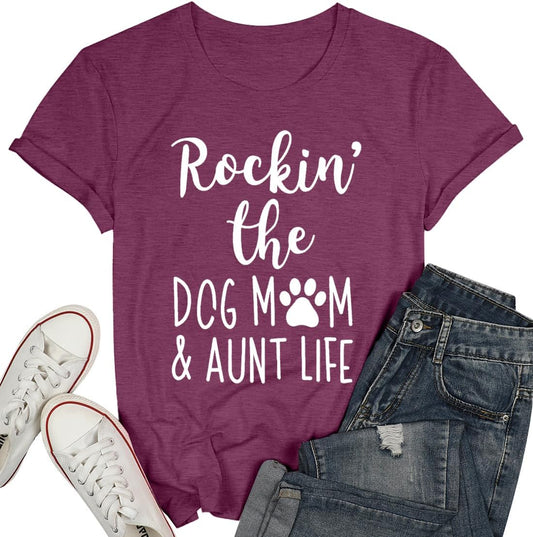 Dog Mom Shirt Women Funny Dog Paw Graphic Shirt Rockin' the Dogs Mom Aunt Life Tshirt Dogs Lover Short Sleeve Tops