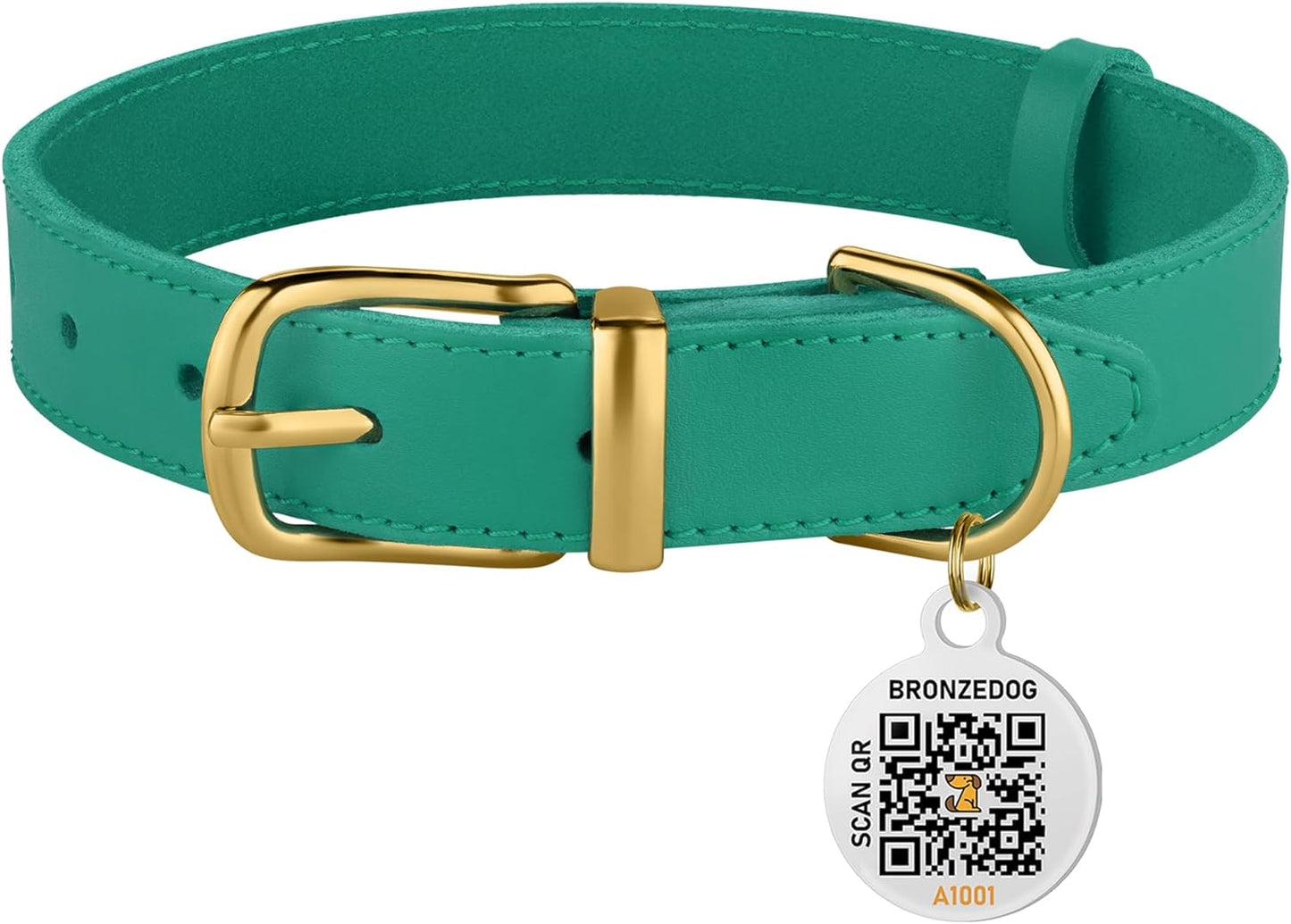 Leather Dog Collar with Metal Buckle Durable Basic Pet Collars for Small Medium Large Dogs (14-17 Inch (Pack of 1), Green & Gold Buckle)