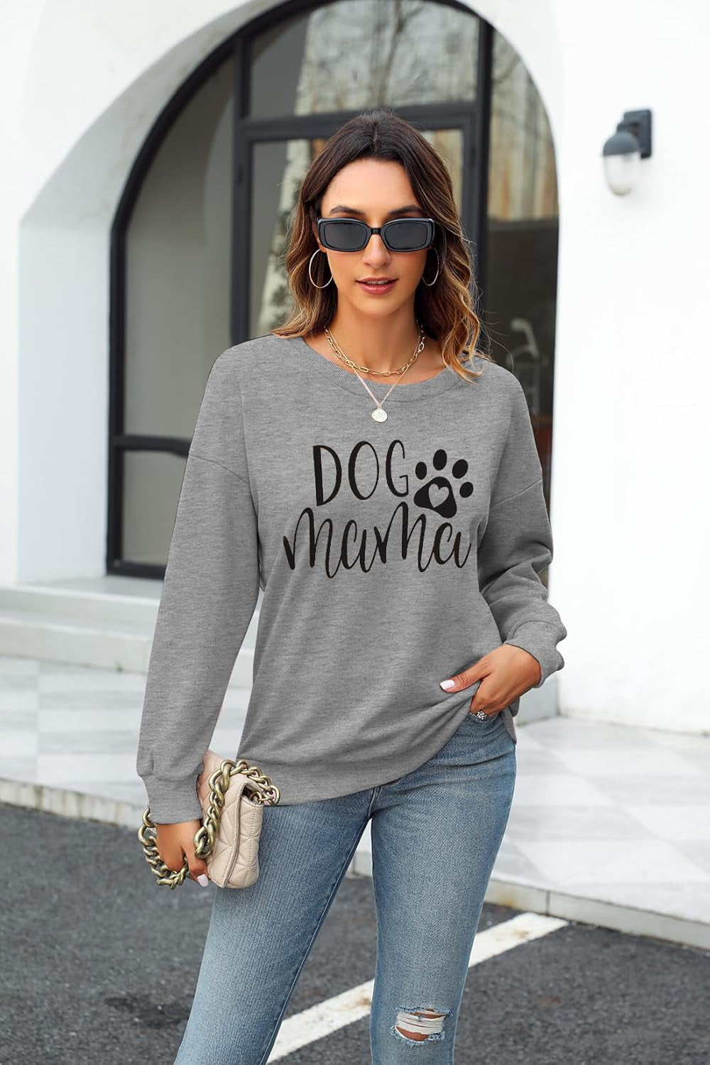 Dog Mom Sweatshirt Women Dog Mama Graphic Shirt Cute Paw Shirts Puppy Lover Pullover Casual Long Sleeve Tee Tops