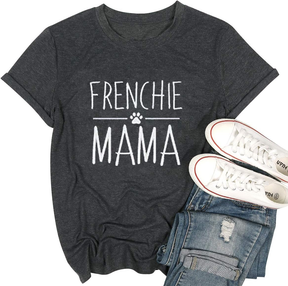 Frenchie Mama Shirt Dog Mom Funny Graphic Tees Womens Letter Print Casual Short Sleeve T-Shirt Tees Tops