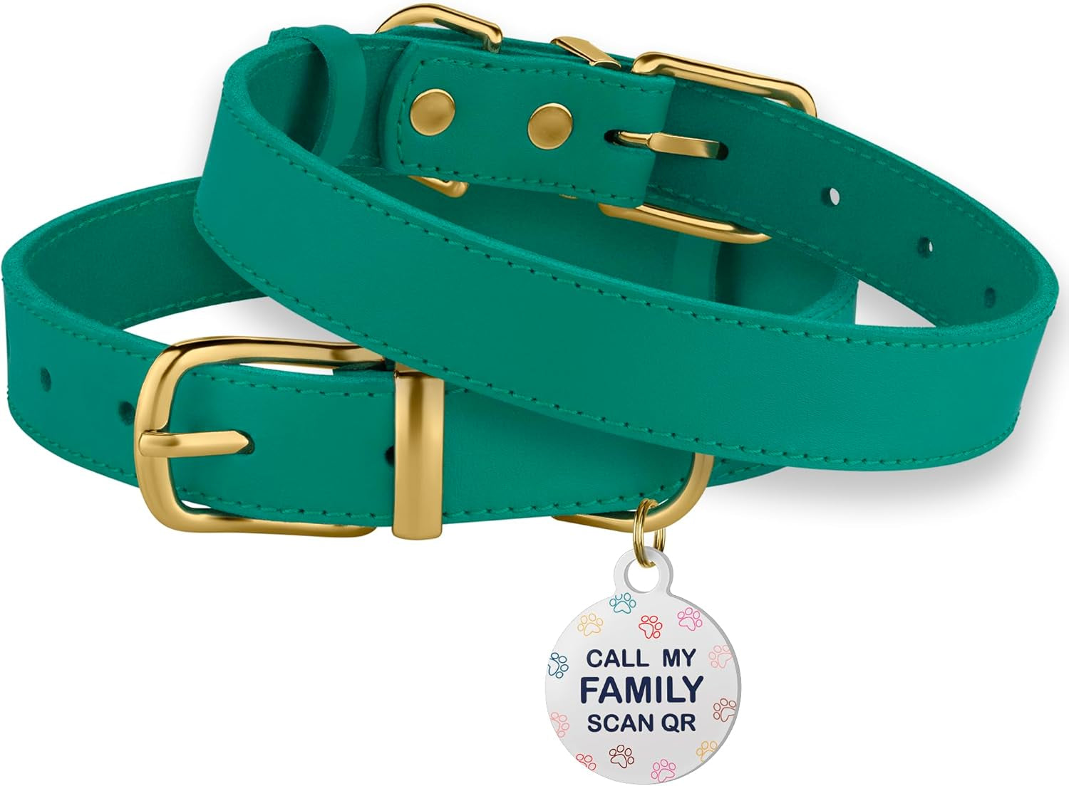 Leather Dog Collar with Metal Buckle Durable Basic Pet Collars for Small Medium Large Dogs (14-17 Inch (Pack of 1), Green & Gold Buckle)