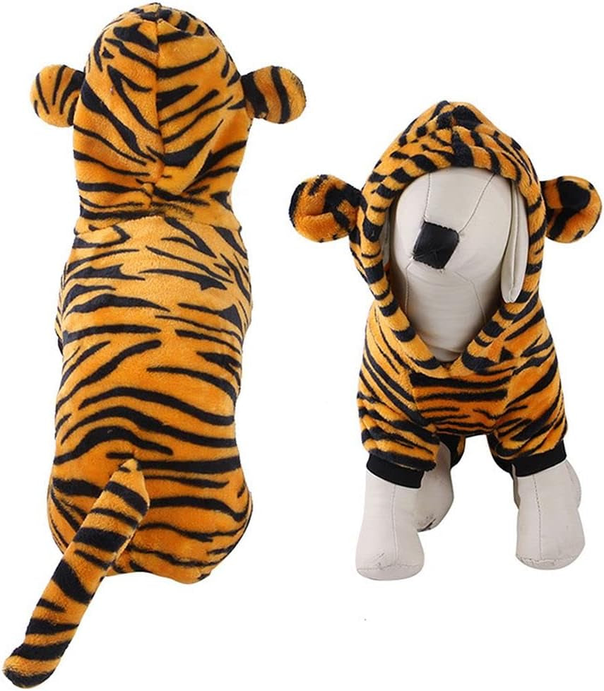 Chezabby Funny Tiger Dog Cat Costumes Pet Halloween Christmas Cosplay Clothes Adorable Flannel Kitten Outfits Clothes Soft Velet Puppy Apparel Fleece Doggie Sweater Warm Cat Coat