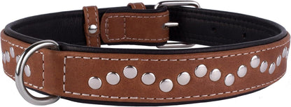 Studded Dog Collar Leather Pet Collars for Dogs Small Medium Large Puppy Soft Padded Brown Black (Brown, Neck Fit 11" - 13")