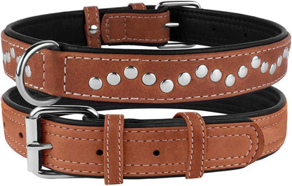 Studded Dog Collar Leather Pet Collars for Dogs Small Medium Large Puppy Soft Padded Brown Black (Brown, Neck Fit 11" - 13")