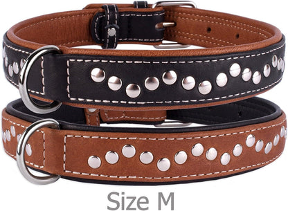 Studded Dog Collar Leather Pet Collars for Dogs Small Medium Large Puppy Soft Padded Brown Black (Brown, Neck Fit 11" - 13")