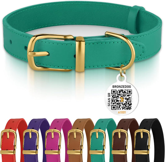 Leather Dog Collar with Metal Buckle Durable Basic Pet Collars for Small Medium Large Dogs (14-17 Inch (Pack of 1), Green & Gold Buckle)