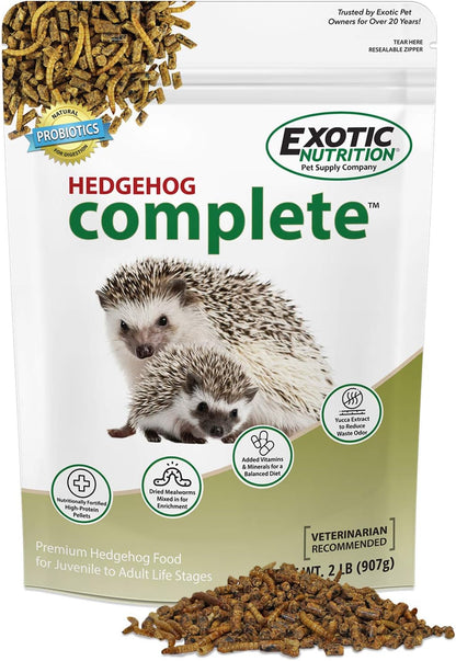 Hedgehog Complete 2 Lb - Nutritionally Complete Natural Healthy High Protein Pellets & Dried Mealworms - Food for Pet Hedgehogs