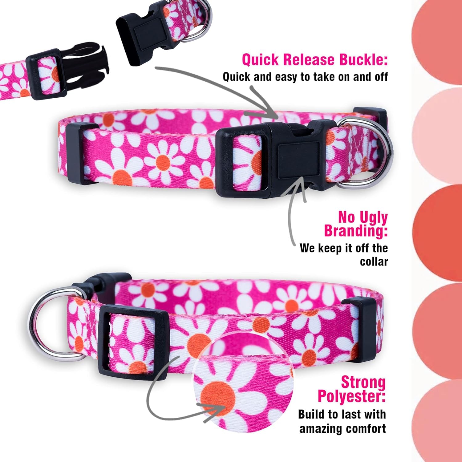 Flower Dog Collar, Adjustable Small Medium Large, Cute Girl Female Summer Spring Pretty Designer Puppy Essentials Accessories, Pink Floral Blue Daisy Rose (Small, Pink Daisy)