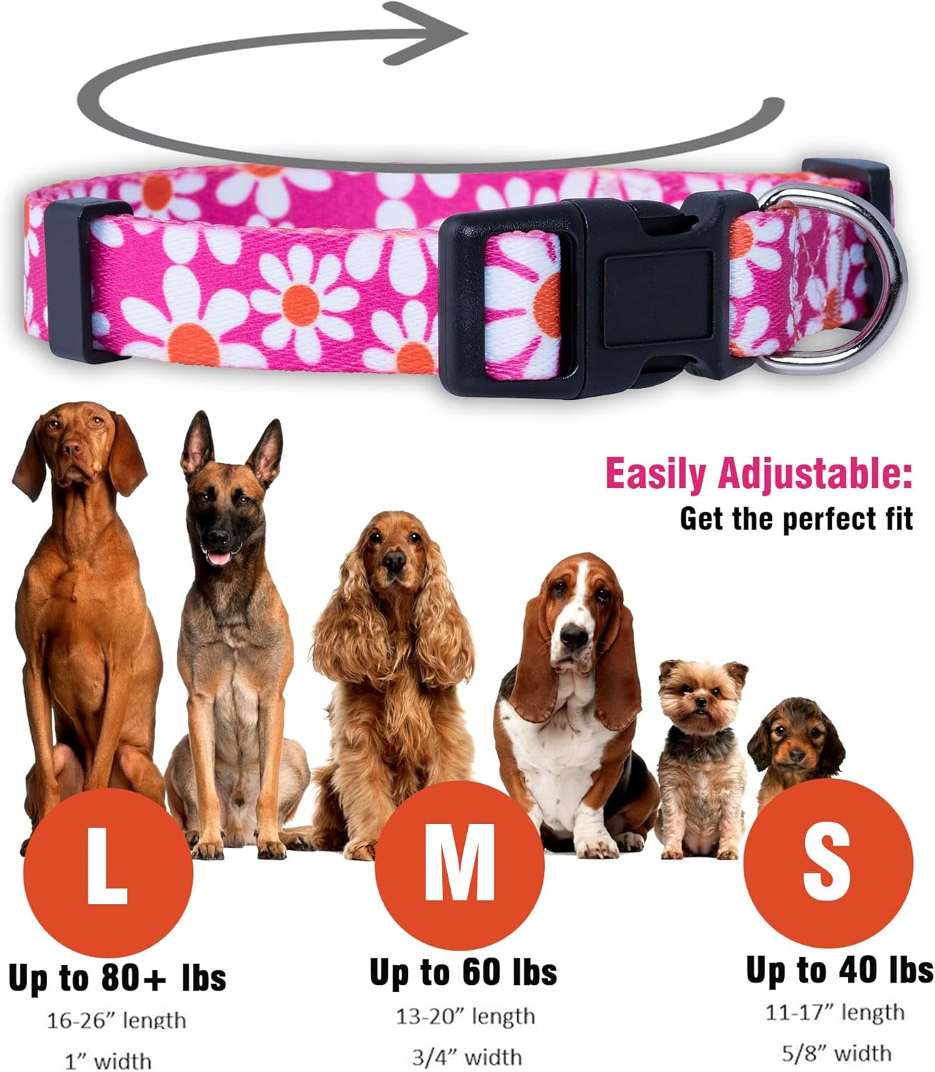 Flower Dog Collar, Adjustable Small Medium Large, Cute Girl Female Summer Spring Pretty Designer Puppy Essentials Accessories, Pink Floral Blue Daisy Rose (Small, Pink Daisy)