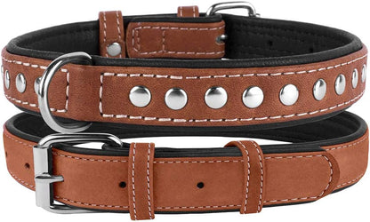 Studded Dog Collar Leather Pet Collars for Dogs Small Medium Large Puppy Soft Padded Brown Black (Brown, Neck Fit 11" - 13")